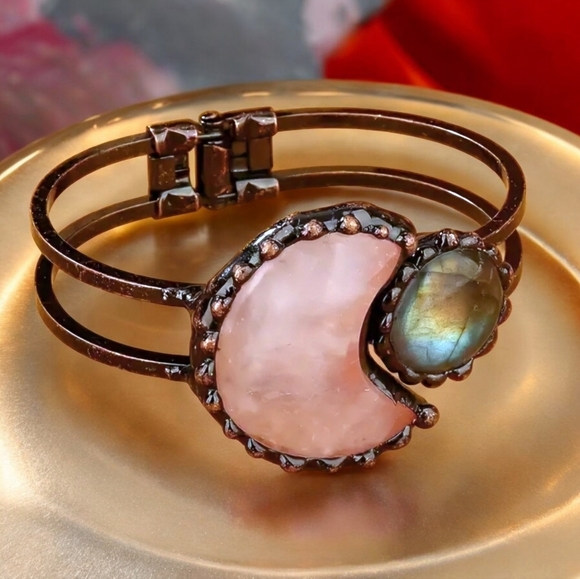 🆕 Pink Rose Quartz & Labradorite Moon Natural Stone Bangle Cuff Bracelet 🌈✨ - Picture 10 of 14